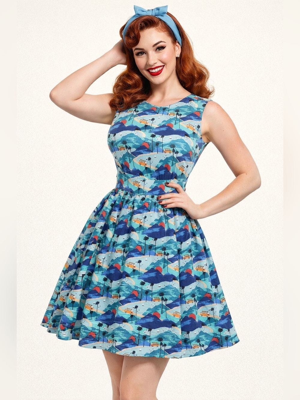 Emily & Fin Scenic Print Sleeveless Fit & Flare Dress Summer Travel  Retro